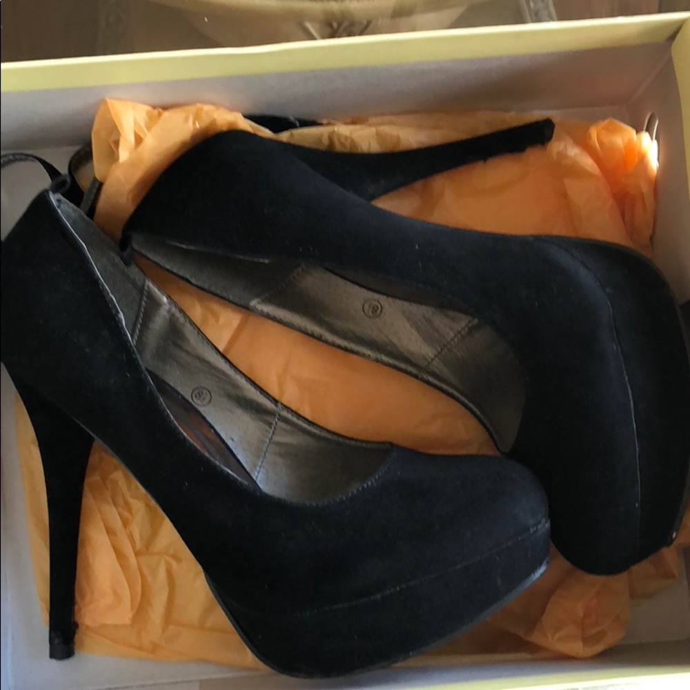 Black velvet platforms with removable ankle strap